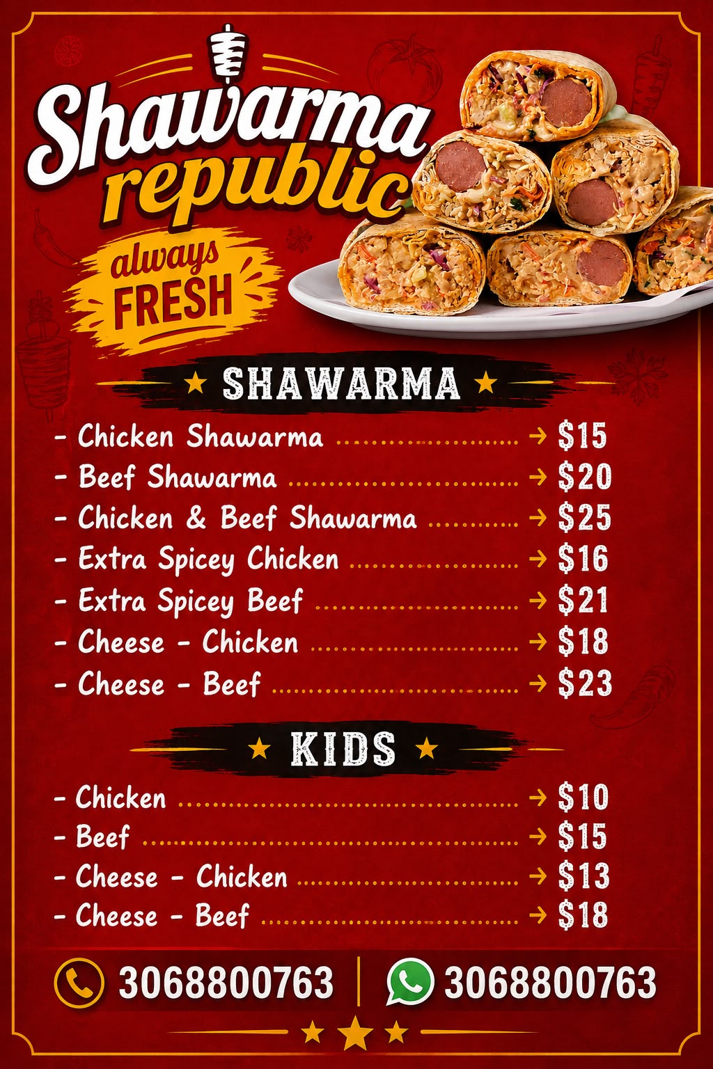 Shawarma Republic printed menu with shawarma and kids prices